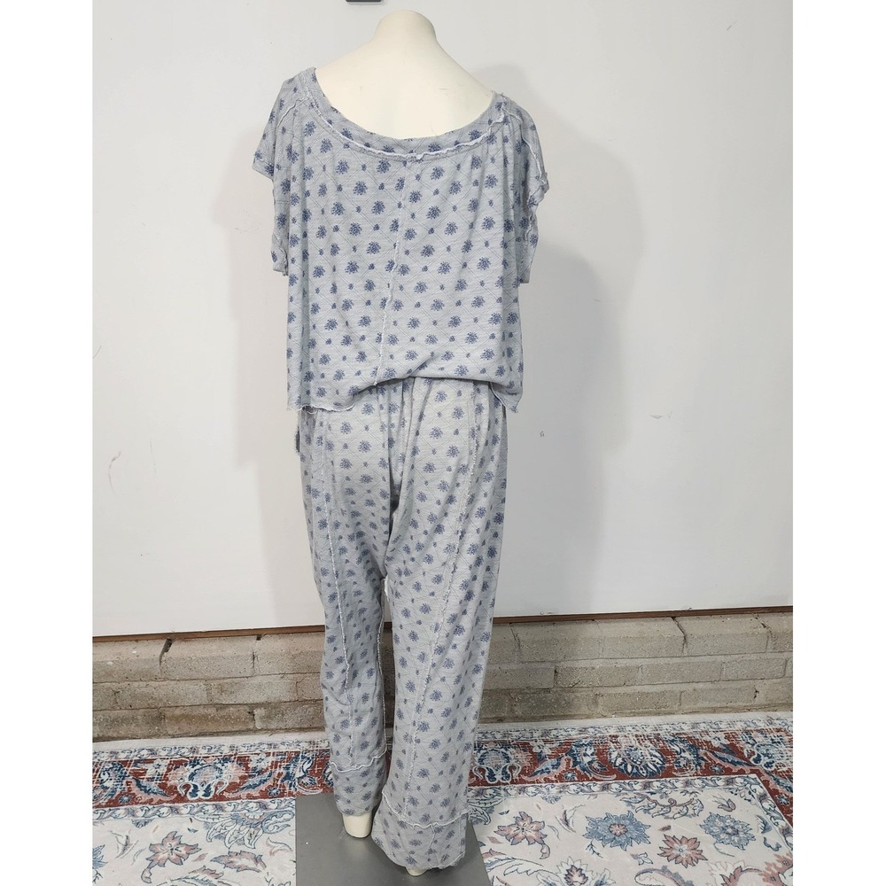 Free People Organic Cotton Lounge Set Blue Floral Large Boho stretch waist comfy - Picture 4 of 14